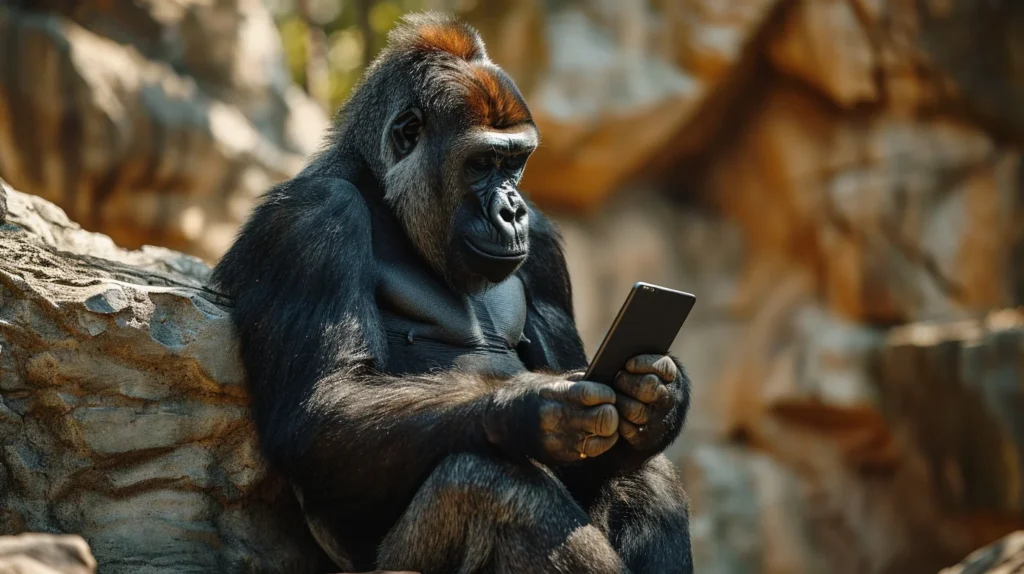 gorilla enjoying a captivating read on an ipad